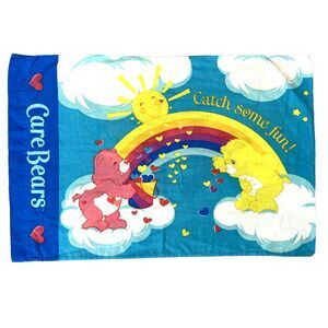 Vintage Care Bears Twin Catch Some Fun Pillowcase Rainbow Trail 2002 Blue Clouds